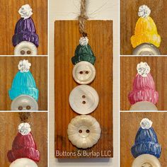 buttons and burlap are arranged in the shape of snowmen on wooden boards