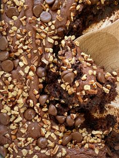 a chocolate cake with nuts on top and a wooden spoon