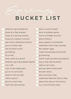 the spring bucket list is shown in pink and white with text that reads, spring bucket list