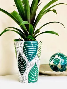 a potted plant sitting on top of a table next to a plate and vase