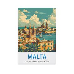 a travel poster with the words malta in blue and white, on a white background