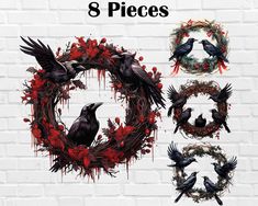 four black birds sitting on top of a wreath and two wreaths with red flowers