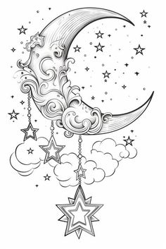 a crescent with stars hanging from it's sides and the moon in the sky