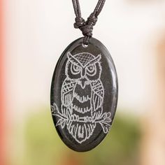 Owls are traditionally considered symbols of wisdom and that is why Guatemalan designers Ruben and Gilda Perez chose them as the motif for this wonderful jade pendant necklace. The necklace features an adjustable waxed cotton cord and is designed for both men and women. Symbols Of Wisdom, Imperial Jade, Jade Pendant Necklace, Sliding Knot, Jade Pendant, Cotton Cord, Waxed Cotton, Owls, Natural Stones