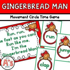 the gingerbread man movement circle time game is shown in three different colors and font