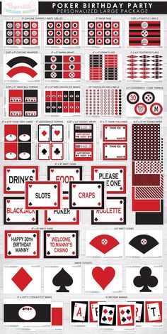 a large poster with different types of cards and numbers on the front, in red and black