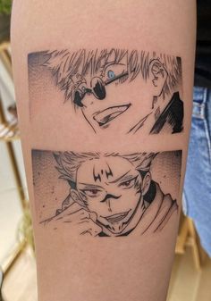 two pictures of anime characters on the arm