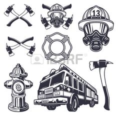 firefighter emblems and symbols set in vintage style, black on white background stock photo