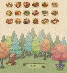 the game is showing different types of food and trees in front of them, including burgers