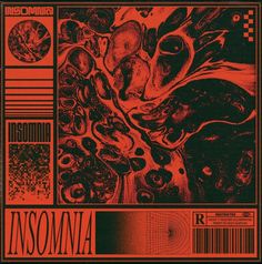 an orange and black poster with the words insomnia on it's side