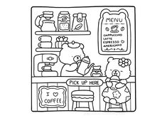 a black and white drawing of a store with teddy bears on the shelves, coffee shop menu in the background