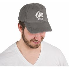 PREMIUM QUALITY: Hat, made from 100% high-quality cotton, comes packaged in a plastic polybag with a hang tag. A strap at the back of the hat allows for adjusting. IN-HOUSE DESIGN: "Best Dad Ever" text is embroidered and sewn-in with a frayed edge, as is the "Man Made" text on the back of the hat. PERFECT GIFT: Great for gifting to a dad. CARE INSTRUCTIONS: Wash by hand only with a damp cloth. Set out in the sun to dry. Adjustable Cotton Baseball Cap For Outdoor, Adjustable Cotton Snapback Hat With Curved Bill, Adjustable Cotton Hats For Everyday, Gray Cotton Baseball Cap With Embroidered Logo, Adjustable Cotton Trucker Hat With Flat Bill, Adjustable Gray Hat With Embroidered Logo, Gray Cotton Trucker Hat With Embroidered Logo, Adjustable Cotton Snapback Trucker Hat, Adjustable Cotton 5-panel Baseball Cap