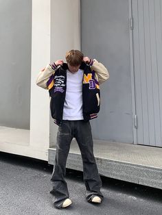 flocked mdan varsity jacket; flocked md varsity jacket; embroidery md varsity jacket; oversize black varsity jacket;  men's varsity jacket; streetwear flocked MD letterman jacket Purple Varsity Jacket, Heavy Industry, Design Stand, Yellow And Purple, Baseball Jacket, Fall Looks