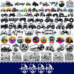 a large collection of farm vehicles and tractors in black and white on a blue background