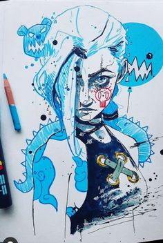 a drawing of a woman with blue hair and piercings on her face, holding a knife