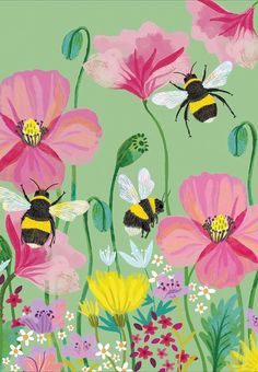 a painting of flowers and bees on a green background with pink, yellow and white flowers