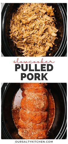 slow cooker pulled pork in the crock pot with text overlay that says slow cooker pulled pork