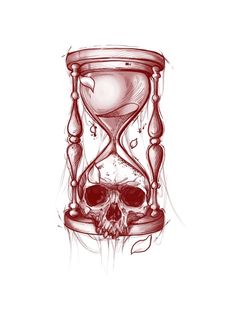 a drawing of an hourglass with a skull inside