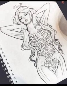 a drawing of a skeleton girl with roses on her back and arms behind her head