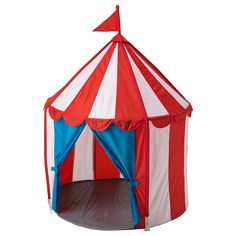 a red and white striped circus tent with blue accents on the top, sitting in front of a white background