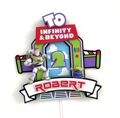 the toy story logo is displayed on top of a cupcake with an image of buzz lightyear