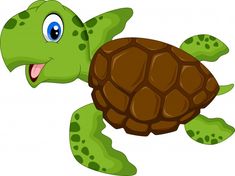 a cartoon green turtle with big blue eyes and brown shell is smiling at the viewer