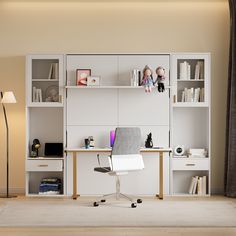 a room with a desk, chair and bookshelf