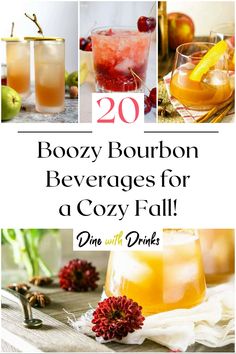 Collage of 4 fall bourbon cocktails. Creative Whiskey Cocktails, Winter Cocktails Bourbon, New Years Whiskey Cocktails, Holiday Cocktails Bourbon, Bourbon Cocktails For A Crowd, Winter Wedding Drinks Signature Cocktail, Bourbon Winter Cocktails, Winter Whiskey Drinks, Whiskey Winter Cocktails