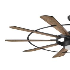 a ceiling fan with three wooden blades