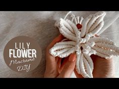 someone is holding a white flower made out of yarn and thread, with the words lily flower on it