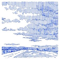 an ink drawing of clouds and trees in the distance, with blue lines on white paper