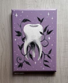 A small acrylic painting with a purple background featuring a black and white tooth design surrounded by vines and stars Gothic Painting Ideas, Tooth Painting, Lavender Purple Background, Witch Painting, Acrylic Painting On Wood, Tooth Design, Cute Canvas Paintings, Canvas Painting Designs, Cute Paintings