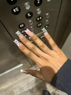 Klaws Nails Acrylic Pink, Medium Square Acrylic Nails With Charms, Short Freestyle Nail Sets, Baddie Acrylic Nails Medium, Extra Nail Ideas, Birthday Nails Inspo Short, Back To School Nails Medium, 14th Birthday Nails, Nail Sets Acrylic