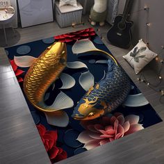 a large rug with a gold fish and flowers on it in the middle of a room