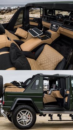 the interior and side view of a green jeep with tan leather upholsters