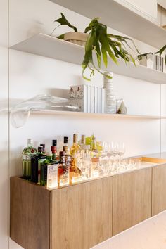 a wooden shelf filled with lots of bottles and glasses next to a potted plant