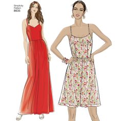 two women's dresses, one in red and the other in white with floral print