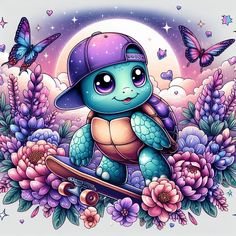 a cartoon turtle with a hat and skateboard in the middle of flowers, butterflies and stars