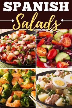 several pictures of spanish salads with broccoli, tomatoes, and other vegetables