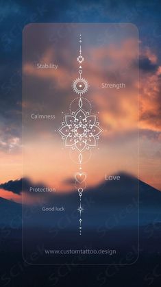 the seven chakras in front of a sunset with clouds and mountains behind them