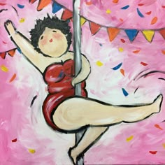 an acrylic painting of a woman dancing on a pole with confetti