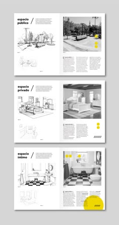 three pages with black and white illustrations on them, each showing different furnitures in the same