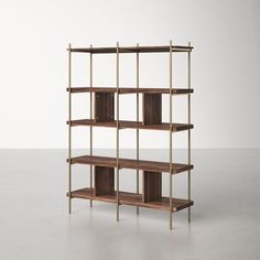 a shelving unit with wooden shelves and metal bars on each shelf, against a white background