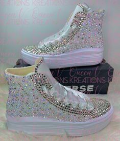 White Bling Wedding Shoes, Silver Lace-up Wedding Shoes, Pearl Chuck Taylors, Rhinestone Converse Wedding, High-top Synthetic Sneakers With Rhinestones, Bling Converse Shoes, White High-top Custom Sneakers With Rhinestones, White Custom Lace-up Sneakers With Rhinestones, Bedazzled Wedding Converse