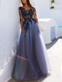 A-Line Scoop Long Sleeves Floor-Length With Applique Tulle Dresses at Hebeos Gaun Tulle, Cheap Prom Dresses Long, Floor Length Prom Dresses, Prom Dresses 2019, Long Sleeve Prom, Lace Prom Dress, Bateau Neck, فستان سهرة, Bateau Neckline