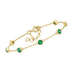 Ross-Simons - 1.70ct t. w. Bezel-Set Emerald Station Bracelet Over Sterling. 7". Classic color in a simple style, our chic bracelet stations 1.70 ct. t. w. round bezel-set emeralds along an 18kt yellow gold over sterling silver cable chain with a 1" extender. Springring clasp, bezel-set emerald station bracelet. Emerald birthstones are the perfect gift for May birthdays. Jewelry Presentation, Station Bracelet, Emerald Birthstone, Emerald Bracelet, Fine Jewelery, Chic Bracelet, Fine Jewelry Bracelets, Emerald Stone, Bezel Setting