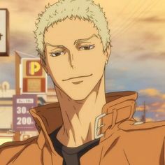 an anime character with blonde hair and blue eyes wearing a brown jacket in front of a gas station