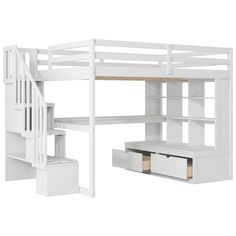 a white loft bed with stairs and desk underneath it, next to a bookcase