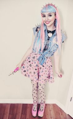 Sailor Moon Denim Jacket, Heart Print Tights, Pink Horse Shoes, a Self-Made Circle Skirt, and the Accessories to Match Pastel Punk Outfits, Fairy Kei Aesthetic, Kei Aesthetic, Fairy Kei Fashion, Print Tights, Pastel Goth Outfits, Pink Horse, Kei Fashion, Dress Fairy