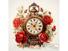 there is a clock with roses on it